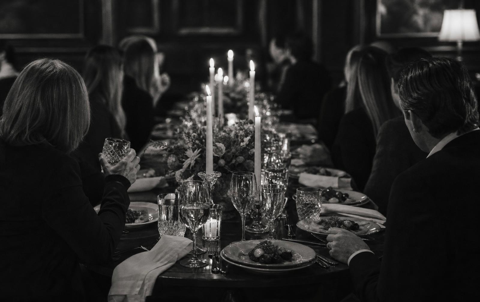 A long dinner table set for a small gathering